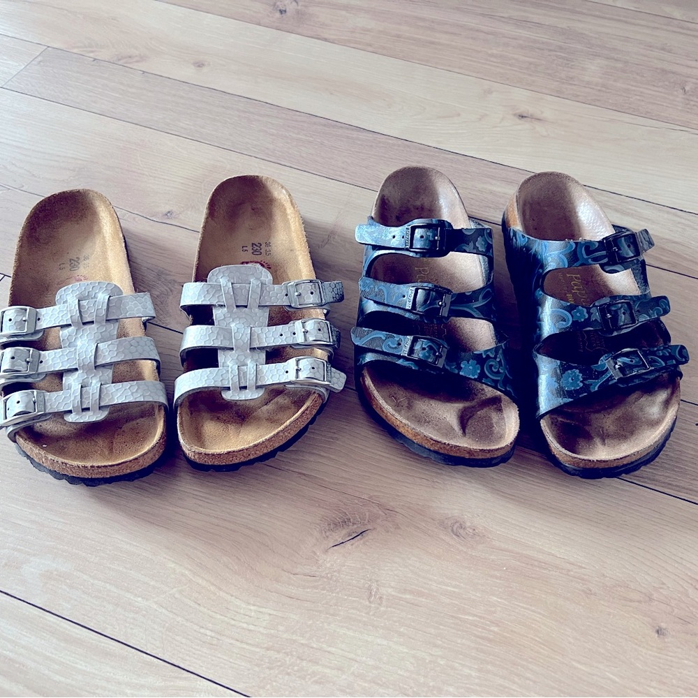 2 Pair of Birkenstock Sandals Silver Pair Size 36 Blue Size 37